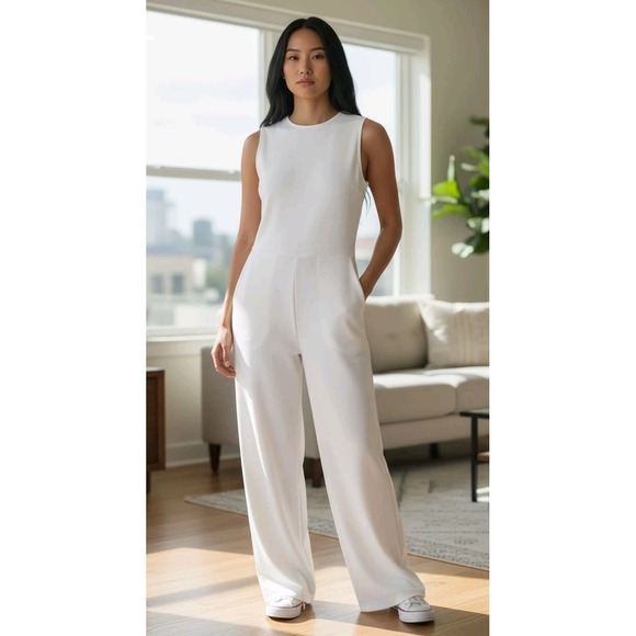 Monteau Pants - Monteau Los Angeles Sleeveles Jumpsuit Women SZ S White Pockets Zip Work 2 Play